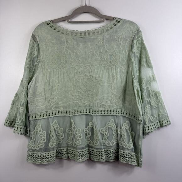 Bohemian Crochet Mesh Ultra Pink Top Large Mint Green Bell Sleeve Embroidered - Picture 12 of 13